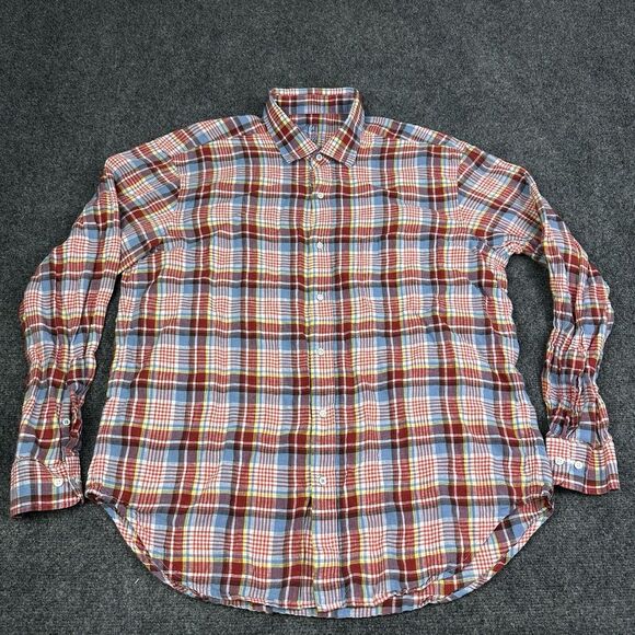 J McLaughlin Linen Shirt Mens XL Red Blue Plaid Gramercy Button Up Casual - Picture 2 of 10